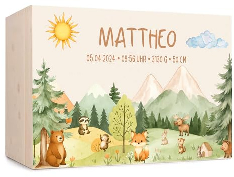 Erinnerungsbox Baby, personalisierte Holzkiste mit Klappdeckel, Aufbewahrung von Erinnerungen, Geschenk zur Geburt und Taufe, Geburtsgeschenk Jungen und Mädchen (Waldtiere Landschaft, 30x20x14 cm)