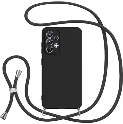 Jrkvniv Coque avec Cordon pour Samsung Galaxy A53 5G,Protection Antichoc Collier Lanière,Étui Housse Portable Lanyard Case pour 6.5 Givrée Anti-Traces de Doigts,Noir