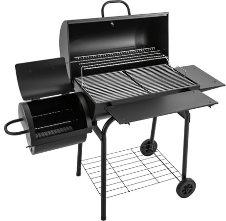 Barbecue a carbonella, nero, griglia a carbone, con termometro, contenitore per cenere, coperchio e 2 ruote, carrello per barbecue, carbonella, per picnic, feste, terrazze