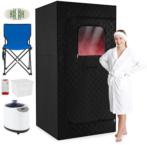 COSTWAY 3L Dampfsauna 1200W, Saunazelt mit 15-stufige Temperaturregelung, Fernbedienung, Timer, klappbarer Stuhl & Matte, Ganzkörpersaunabox tragbar Heimsauna (88 x 88 x 179 cm,Schwarz)