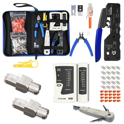 VCELINK Netzwerk Werkzeug Set mit RJ45 Crimpzange, 20 x Cat7/Cat6a Pass Through Stecker, Netzwerktester, LSA & Abisolierzange, Stofftasche sowie 2 Stück CAT7 Werkzeuglose RJ45 Stecker