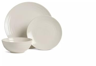 12 Piece Cream Ripple Stoneware Dinner Set 4 Place Settings with Dinner Plates, Side Plates & Bowls, Dishwasher & Microwave Safe Tableware Set