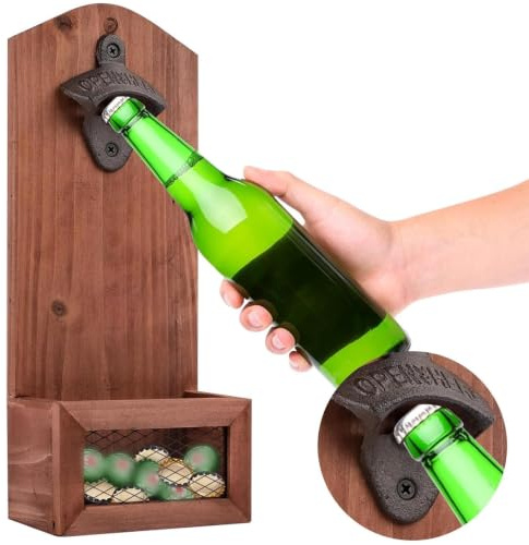 Ouvre-Bouteilles Mural en Bois Vintage, Décapsuleur avec Récupérateur de Bouchons, Multifonction pour Maison, Bar et Terrasse, Cadeau Original pour Homme, Papa, Amis et Collègues