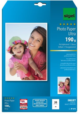 SIGEL IP675 InkJet-Fotopapier Ultra, A4, 20 Blatt, hochglänzend, extrem lichtbeständig, 190 g, für hochwertige Fotografien