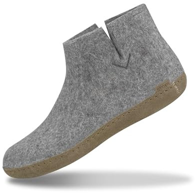 GLERUPS Stiefelpantoffeln Damen und Herren mit Ledersohle (Grau) | Bequeme Slipper-Stiefel für Damen und Herren | Kuschelige Herren und Damen Stiefelpantoffeln