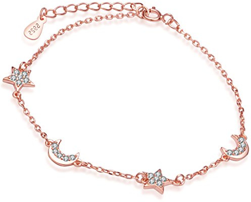 Yumilok Roségold 925 Sterling Silber Zirkonia Monde Sterne Charm-Armband Armkette Armschmuck für Damen Frauen Mädchen, 6.5-7.5 Verstellbar