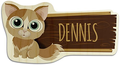printplanet Türschild aus Holz mit Namen Dennis - Motiv Katze - Namensschild, Holzschild, Kinderzimmer-Schild