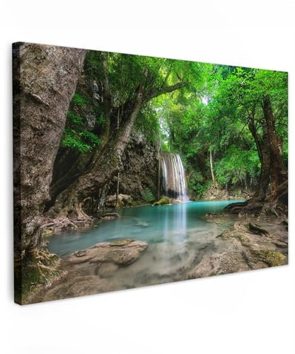 MuchoWow Leinwand Bilder, Einzigartige Wanddeko mit Rahmen, Dschungel - Wasserfall - Pflanzen - Wasser - Natur, Wandbilder Wohnzimmer, Deko Schlafzimmer 120x80 cm