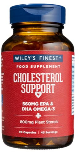 Wiley's Finest Cholesterol Support Omega-3, 90 Softgels (45 Servings) | 560mg EPA & DHA with Plant Sterols, Wild Alaskan Fish Source