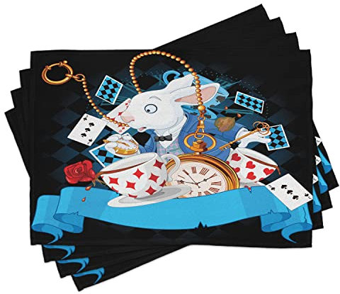 ABAKUHAUS Alice im Wunderland Platzmatten, Kaninchen Motion Cups Herzen Und Blume Charakter Alice Cartoon Stil, Waschbare Stoff Esszimmer Küche Tischdekorations Digitaldruck, Aqua Rot