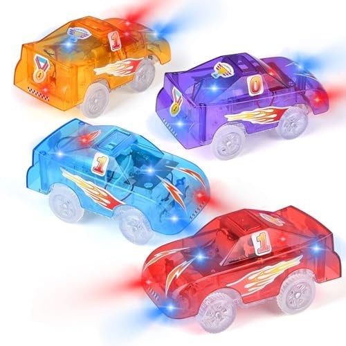 Funkprofi Spielzeugauto Set ab 3 Jahren, 4 Pack Kinderspielzeug mit 5 LED Spielzeugautos Set für Kinder Elektrische Rennstrecke mit Bus, Abschleppwagen, Feuerwehrauto und Offroad Polizeiautoder