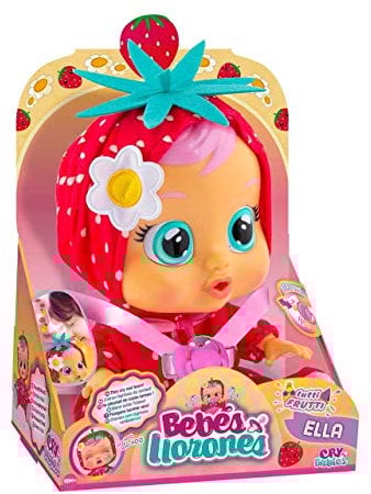 BEBÉS LLORONES Tutti Frutti Ella | Muñeca interactiva que llora de verdad con chupete y pijama con olor a Fresa - Muñeco y Juguete para niñas y niños +18 Meses