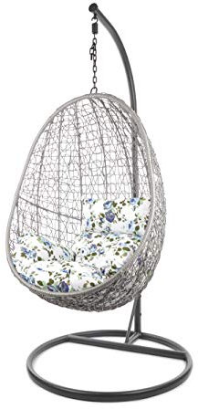 Kideo Komplettset: Hängesessel mit Gestell & Kissen, Lounge-Möbel, Poly-Rattan (Gestell- und Korbfarbe: grau, Kissen: Blumenmuster Nest (1078_icerose))