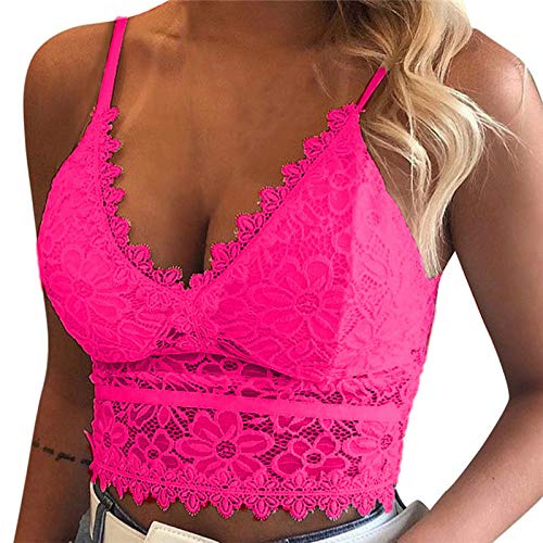 Minetom Sexy Femmes Crop Top Dentelle Débardeur Soutiens-Gorge Dos Nu Camisole Bretelles Bralette Col V sans Manches Shirt B Rose Vif 42