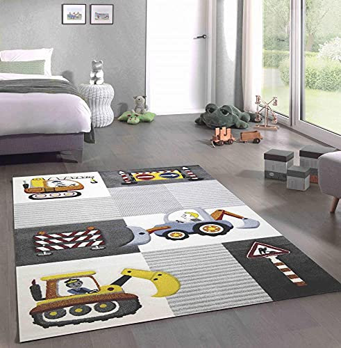 CARPETIA Spiel Teppich Kinderzimmer Baustelle Straßenschilder Bagger Kran Creme grau gelb Größe 140x200 cm