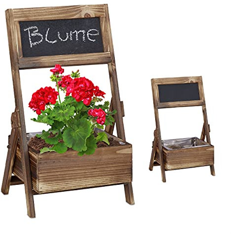 Relaxdays Holz Übertopf 2er Set, Blumentopf mit Folie, HBT: 35,5 x 21 x 17 cm, außen & innen, Holzdeko mit Tafel, braun