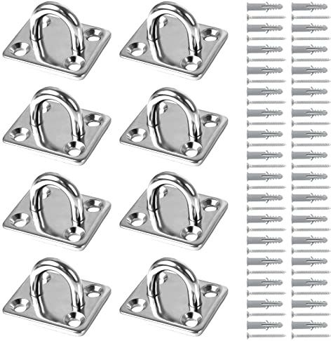 Bubuyun 8 PCS 304 Stainless Steel Oblong Pad Eye Plate, Marine Staple Hook M6 Loop Eye Plate Hook Marine Hardware with 32 Screws and Plugs for Swing Hammock Boat Splint