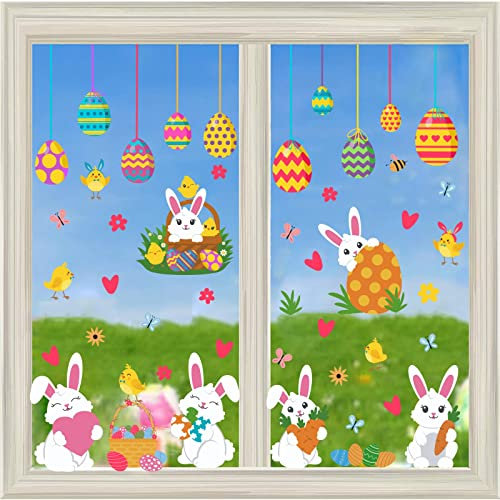 KAIRNE Autocollants de Fenêtre de Pâques,Stickers de Décoration de Pâques,Autocollant Lapin de Pâques,Stickers Muraux Oeufs de Pâques,Sticker Mural Lapin pour Réfrigérateur Porte Verre Fête Décoration