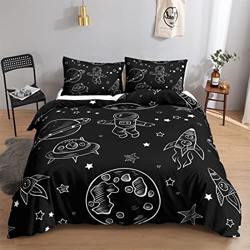 HOSIMA Universum Planet Astronaut Bettwäsche 155x220 für Kinder, Jungen Teenager Bettbezug-Set für Einzelbett, Moderne Cartoon Bedruckte Bettbezüge mit Reißverschluss und 80x80cm Kissenbezug