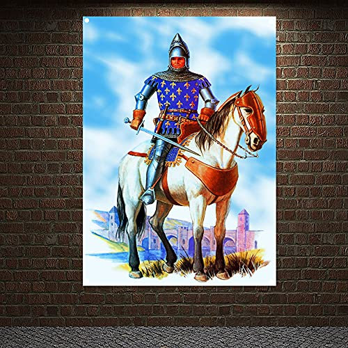 Tempelritter-Kunst-Banner, Wandteppich, Vintage, mittelalterlich, Krieger, Kreuzritter, Poster, Wandkunst, Flaggen, Wandbild, Leinwand, Gemälde, Heimdekoration, 96 x 144 cm