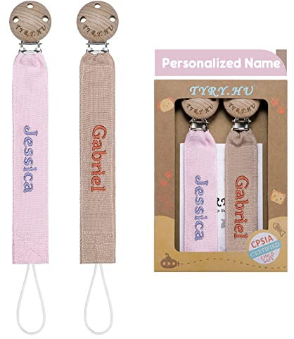 TYRY.HU Schnullerkette mit Namen Jungen Mädchen Personalisierte Schnullerband Holz Clip Baumwolle Schnuller Clips für Neugeboren, 2 Stücke