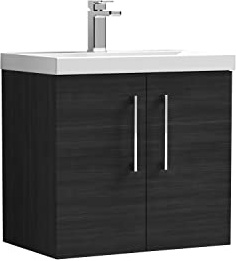 nuie ARN623D Arno Modern Bathroom Wall Hung 2 Door Vanity Unit with Thin-Edge Ceramic Basin, 600mm, Woodgrain Charcoal Black