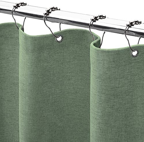 Awellife Ensemble de rideau de douche en tissu avec 12 crochets durables, vert, 183 cm d'épaisseur en tissu texturé en lin, très résistant, imperméable, pour salle de bain