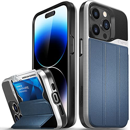 VENA vCommute Wallet Case Compatible with Apple iPhone 14 Pro (6.1-inch), (Military Grade Drop Protection) Flip Leather Cover Card Slot Holder with Kickstand - Blue