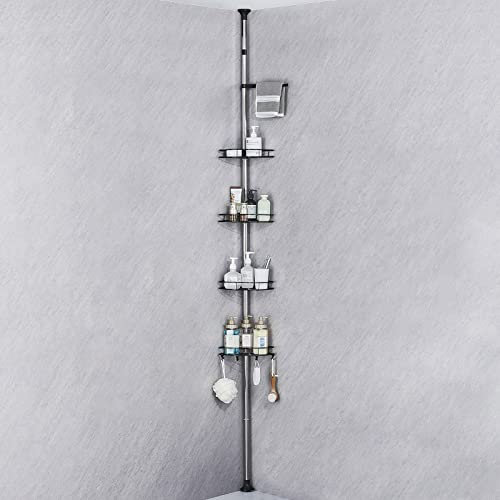 HANFU Teleskop Duschregal, 70-305 cm Höhenverstellbares Duschablage Ohne Bohren, Edelstahl Eckregal Badezimmer Regal mit 4 x Körben 4 x Haken und 1 x Handtuchhalter für Handtuch Shampoo, Schwarz