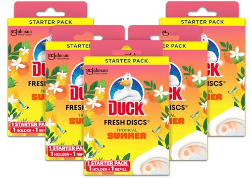 Duck Fresh Discs Toilet Cleaner Starter Kit, Fights Stains That Harbour Germs, Prevents Limescale Build Up, Tropical Summer, Pack of 5 (Each Kit contains 1 Holder + 1 Refill Tube)