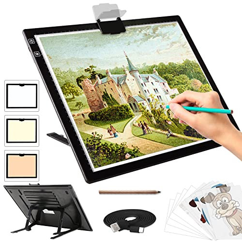 A3 Light Box Drawing Light Pad - Portable Wireless Battery Powered Light Board, 3 Colours 6 Levels Brightness Tracing Light Box with Stand, Rechargeable LED Light Pad for Diamond Painting Sketching