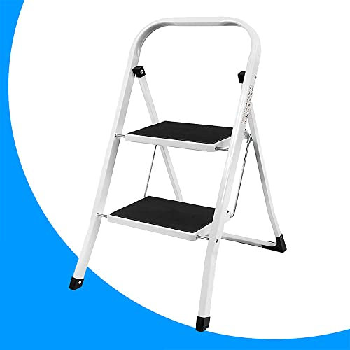 Trittleiter 2 Stufen, Klappleiter, Stufenleiter Klappbar, 2 Stufen Klein Leiter mit Breite Stufen, rutschfeste Tragbare Klappleiter aus Stahl, Stufenstehleiter Leichte, Belastbar bis 150kg