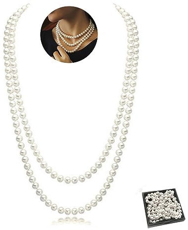 SwirlColor Perlenkette Damen, 150cm/59Zoll Mode Faux Lange Perlenkette 1920er Jahre Runde Perlenkette String Halskette Kostümschmuck für Frauen mit Einem Garn Tasche und Schmuckschatulle