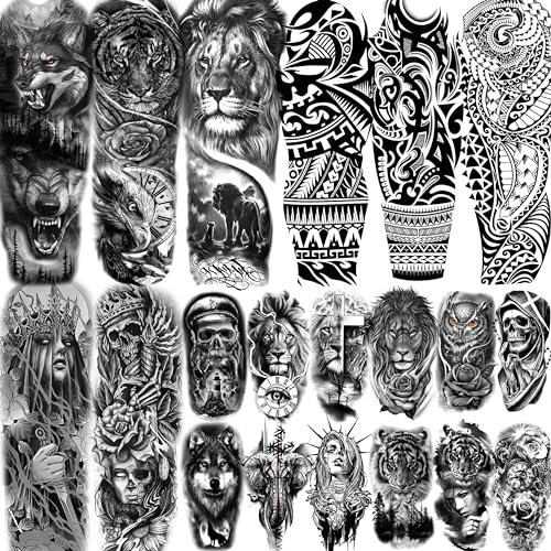 EGMBGM 20 Blatt Schwarz Wolf Tiger Löwe Temporäre Tattoo Herren Männer Klebetattoos Erwachsene, 3D Halloween Gangster Maori Fake Arm Tattoos zum Aufkleben Frauen Damen, Klebe Tattoo Aufkleber Skelett