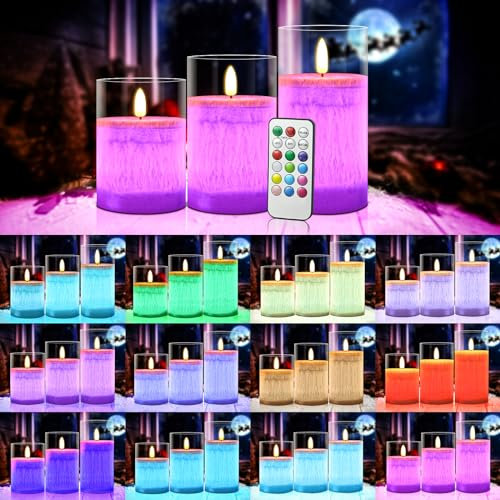 SHEDALED Glass Flameless Candles, 13 Colors Mode Changing LED Candles with Timer & Remote Control, Battery Operated Candle, Set of 3 Pillar Candle of 4 5 6 for Home Decor