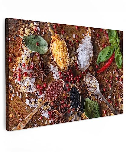 MuchoWow© Cuadros Decoracion Salon Modernos 30x20 cm Pinturas Lienzo Decorativo para Pared Decoración Hogar Lienzos Especias - Hierbas - Cucharas - Sal - Marrón - Cocina