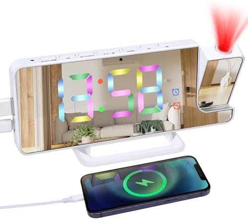 Bestcool Projektionswecker für Schlafzimmer, Bunte Digitale Wecker Spiegel Wecker Nachttisch mit 180° Projektor Automatisch dimmbares Display USB-Ladung 5 Dimmer Schlummerfunktion 12/24H für Zuhause