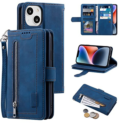 EYZUTAK Handyhülle für iPhone 15 6.1, Flip Case Lederhülle Reißverschluss Magnetverschluss Brieftasche mit 9 Kartenfächern Standfuntion Retro Matt Ledertasche-Blau