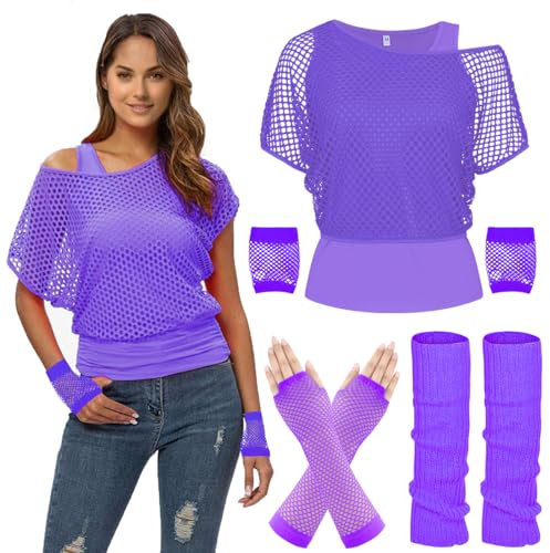80s Fancy Fishnet Top for Women, Tank Top, Leg Warmers, Gloves, 1980s Costumes Neon Off Shoulder Mesh T-Shirt Accessories Retro Theme Party Cosplay