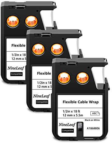 NineLeaf 3 Pack Replacement for Dymo 1868806 A1868806 12mm x 5.5m 0.47'' 1/2 inch Black on White Flexible Cable Wrap Nylon Label Tape for Rhino XTL-300 XTL-500 Label Maker