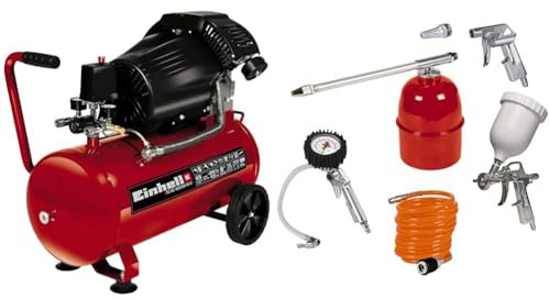 Einhell Compresseur à air portatif TC-AC 420/50/10 V (2200 W, 2850 rpm, 10 bar max, réservoir 50l, réducteur de pression, manomètre, valve de rétention, valve de sécurité) + Kit 5 accessoires