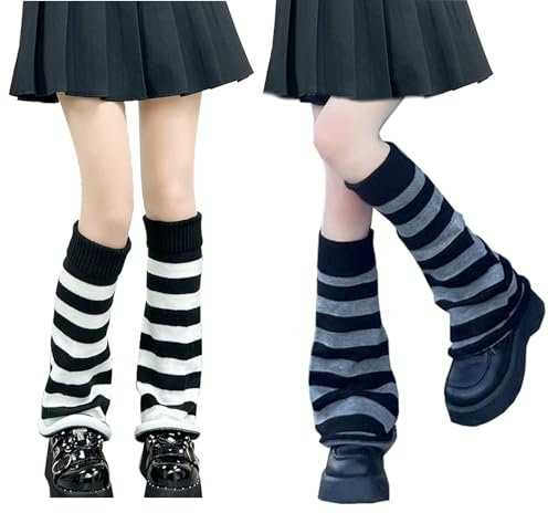 Golden Apple 2Pairs Knitted Leg Warmers Gyaru Gothic Punk Knee High Stockings Sports Yoga Thermal Legwarmers Boots Cuff Warmer for Women (BK stripe+GY strip)