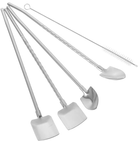 Kichvoe 1 Set Metal Spoon Straws Spoons with Cleaning Brush 2 in 1 Reusable Straw Long Handle Spoon Stainless Steel Spiral Stirring Spoon for Mixing and Stirring