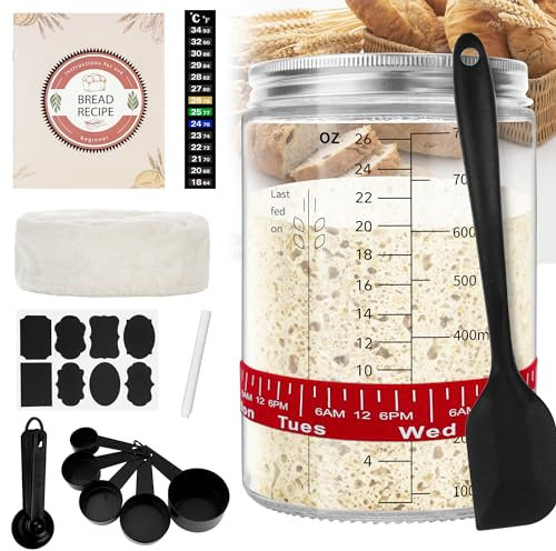 Meetory Sauerteig Starter Set, 770ml Sauerteig Glas, Sourdough Starter Kit mit Rezepten, Thermometer, Fütterungsdatum-Band, Silikon-Spachtel, Stoffabdeckung, Metalldeckel, Messlöffel, Etiketten Stift