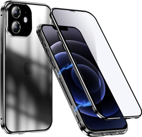 KEKBOXQ for iPhone 12 Pro Max Case,Magnetic Metal Bumper Tempered Glass Double-Sided Cover,Screen Protection/Front and Back/360 Degree Protection Phone Case for 12 Pro Max,Black,Black