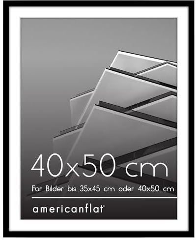 Americanflat 40x50 cm Bilderrahmen aus Kunststoff mit 35x45 cm Passepartout - schmaler 50x40 Fotorahmen mit poliertem Plexi-Scheibe - integrierte Aufhängung für Hoch- und Querformat - Schwarz