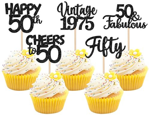 30 Stück Vintage 1975 Cupcake Toppers Glitzer Happy 50th Geburtstag Tortendeko Cheers to 50 Fabulous Fifty Kuchen Deko für 50th Geburtstag Hochzeit Jahrestag Party Schwarz