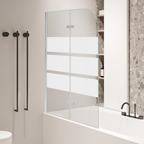 Ansobea Duschwand für Badewanne, 100x140cm 2-Teilig Faltbar Duschwand Badewanne,6mm ESG Sicherheitsglas,Badewanne Duschwand weiße Streifen,Glas Badewannenwand mit Badewannenaufsatz
