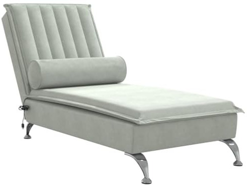 vidaXL Massage Chaiselongue mit Nackenrolle, Liegesessel mit Sperrholzlatten Metallbeine, Relaxliege für Wohnzimmer, Liegestuhl, Hellgrau Samt