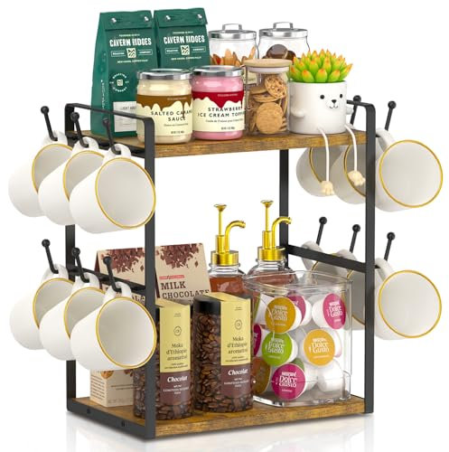 EsLuker.ly Organiseur de bar à café à 2 niveaux pour cuisine, support multifonction pour tasses à café, étagère de rangement pour accessoires avec 12 crochets (marron vintage + noir, 14,4)